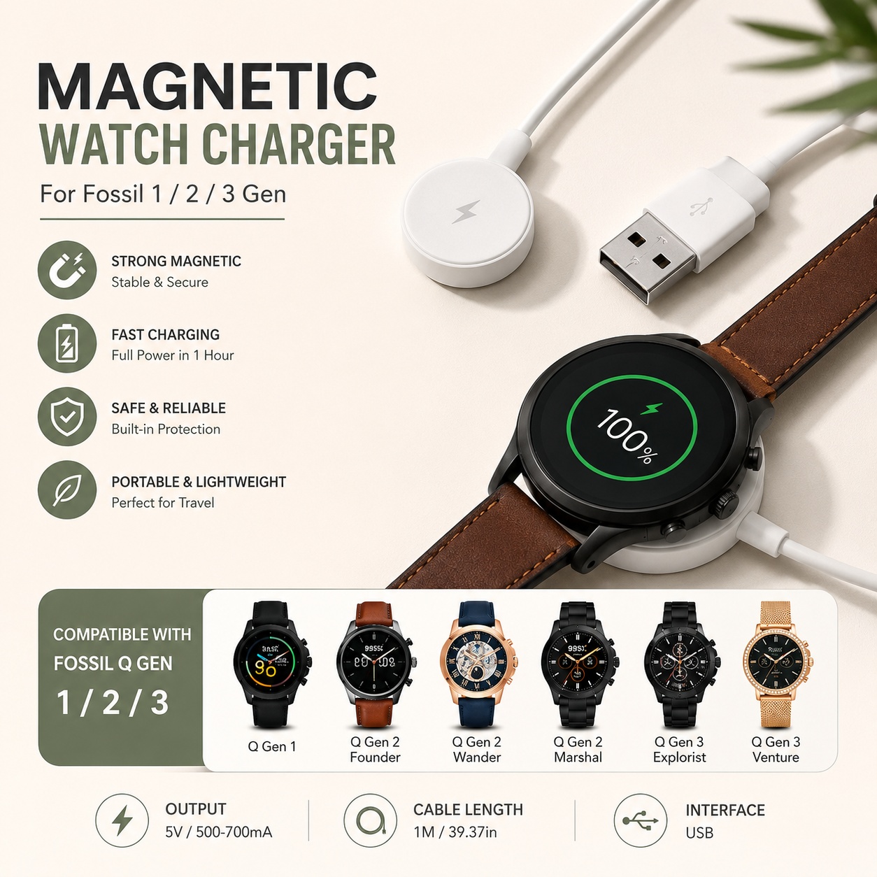 Fossil Watches Smartwatch Charger - USB 시계 충전기 어댑터 스마트워치 충전