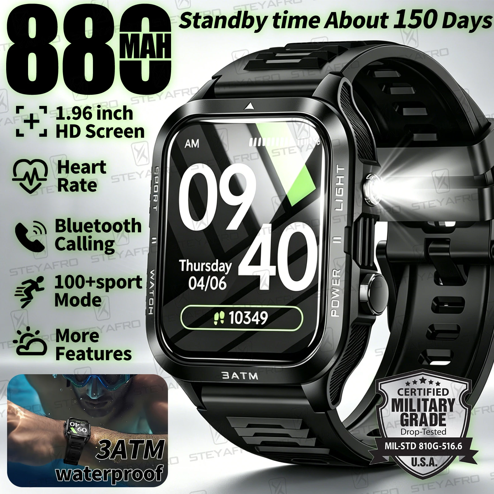 Smartwatch Square Watches For Men - 군용 등급 스마트워치 남성용 LED 손전등